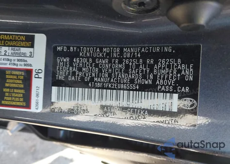 2014 Toyota Camry L from USA, damaged, VIN 4T1BF1FK2EU865554